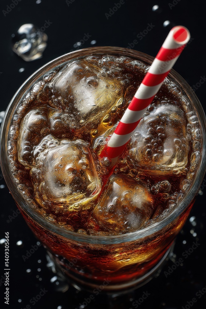 Poster refreshing cola beverage with ice cubes and a red and white striped straw on a dark background creat