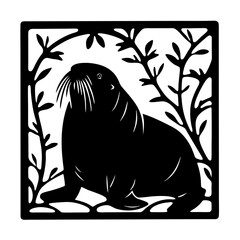 Silhouette of a Walrus in a Square Frame with Branching Plants