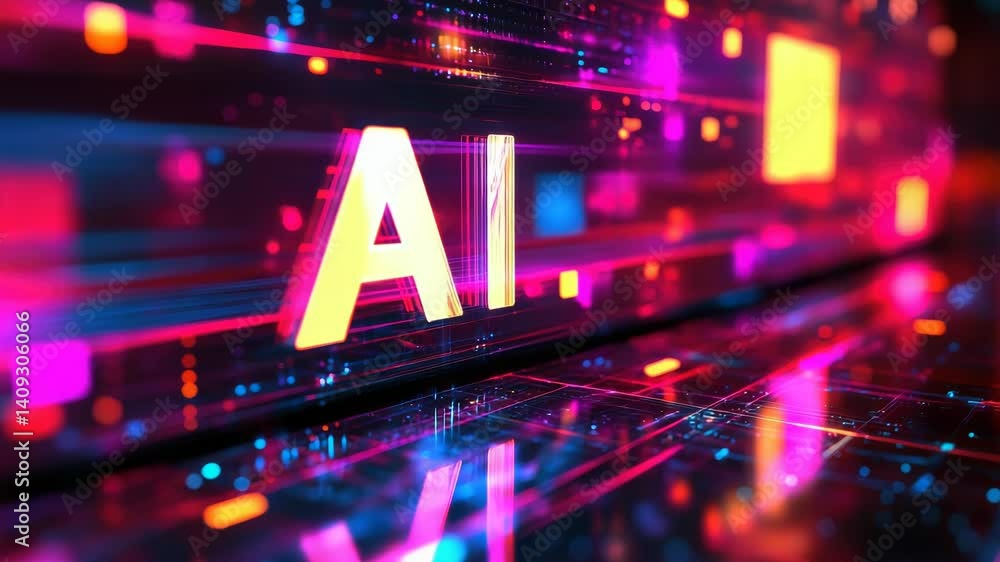 Poster neon glowing ai sign,designation, typography in a futuristic digital environment,symbolizing artific