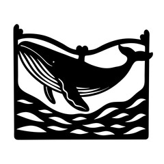 Stunning Black and White Illustration of a Whale Breaching in Ocean Waves Framed in a Simple Square