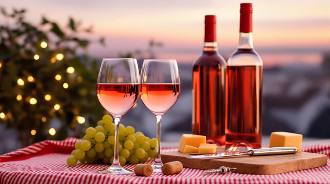 two glasses of rose wine with cheese and grapes at sunset