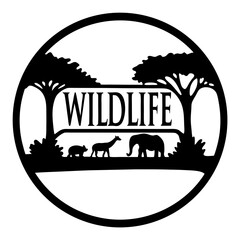 African Wildlife Scene with Elephants Giraffes and a Baby Animal in a Circular Design