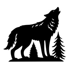 Majestic Wolf Howling at the Moon in a Silhouetted Forest Scene