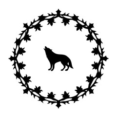 A howling wolf silhouette encircled by an ornate floral wreath design