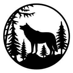 Majestic Wolf Silhouette in a Circular Forest Scene Artistic Design