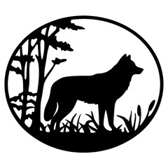 Elegant Wolf Silhouette in a Circular Forest Scene Wildlife Nature Art