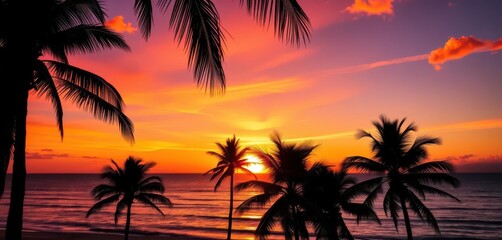 Fototapeta premium Silhouetted palms frame vibrant sunset, ocean glows , illustration, background