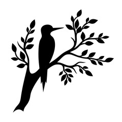 Silhouette of a Woodpecker Perched on a Branch of a Tree with Lush Leaves
