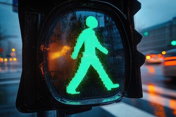 Green Pedestrian Traffic Light in Cyberpunk Style with Neon Glow and High Contrast Lighting