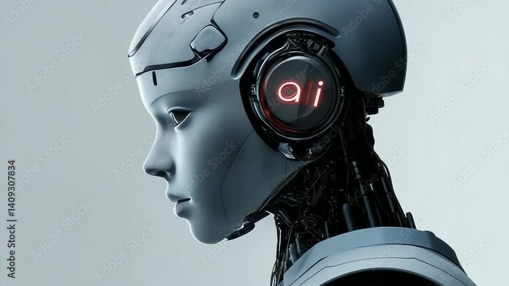 Poster cybernetic ai humanoid robot with a futuristic mechanical face,detailed metallic design,artificial i