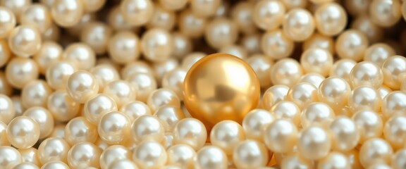 Single golden pearl nestled amongst numerous white pearls, luxurious setting,  wealth,  premium