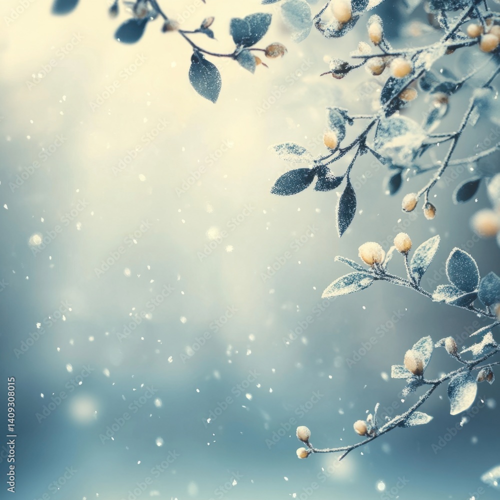 Aufkleber enchanting winter scene featuring delicate frosted branches with small buds against a soft snowy bac