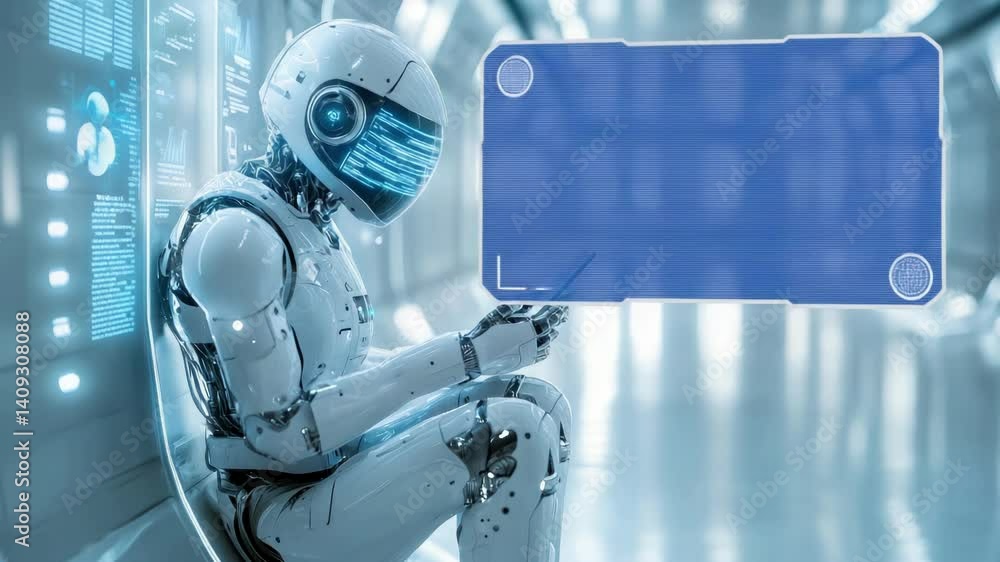 Poster futuristic humanoid robot sitting in a high-tech corridor, using a digital tablet. concept of artifi