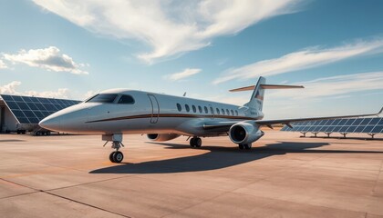 Sleek airplane rests on tarmac, solar panels gleam nearby, panels,  white