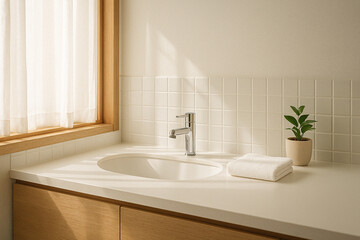 Minimalist bathroom sink with white towel and morning light