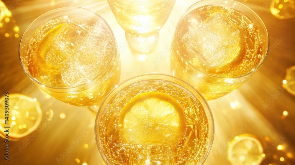 Aufkleber golden cocktails with lemon and ice cubes sparkling with light creating a festive and refreshing atm