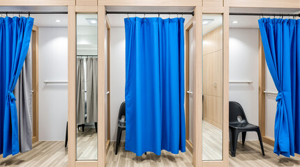 three private changing rooms with blue curtains and mirrors