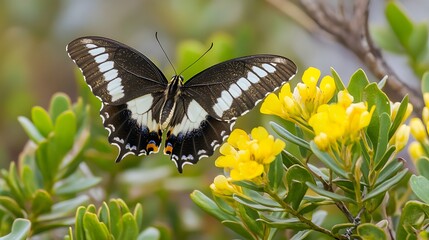 Black and White Butterfly on Yellow Flowers