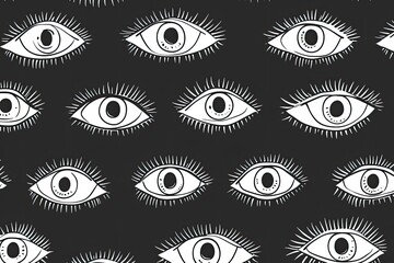 Repeated stylized eyes pattern on black background