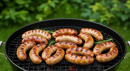 Grilled Sausages on Barbecue Grill Outdoors