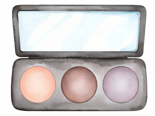 Watercolor makeup palette with mirror and three shades on a transparent background.