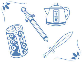 Hand Drawn Pattern with Sword, Kettle, Shield and Decorative Elements. sword, kettle, shield, pattern, medieval, doodle, sketch, seamless, warrior, armor