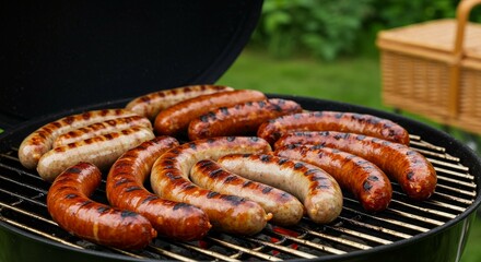 Grilling Sausages on Barbecue Grill Outdoors