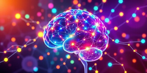 Stylized vibrant network of glowing nodes & connections, abstract brain, synapses, electric