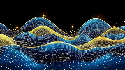 Abstract undulating landscape with golden outlines and vibrant blue depths