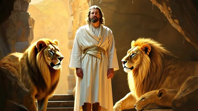 Brave prophet of God at a lions den with lions around him 4K