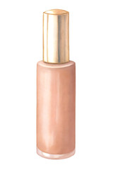 Watercolor illustration of a foundation bottle with gold cap on a transparent background.