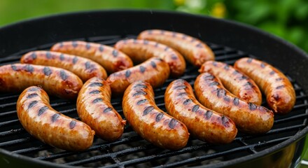 Grilled Sausages on Barbecue Grill Outdoors