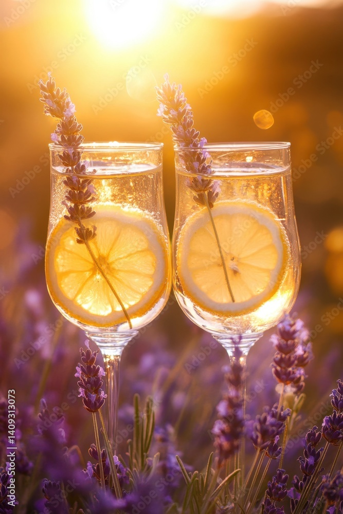 Aufkleber refreshing summer beverage with lemon and lavender in a sunlit field at sunset creating a tranquil a