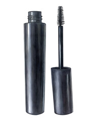 Watercolor open black mascara tube with wand on a transparent background.