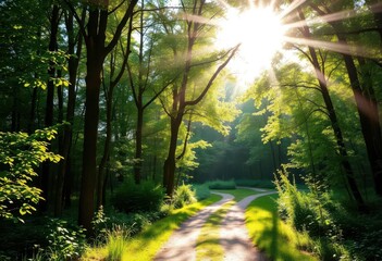 Obraz premium Sun-dappled path winds through lush green summer forest, bright, sunny
