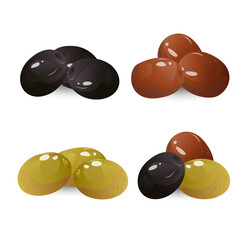 Set olives. For bottle product package, cuisine cooking or salad.Vector image of olives in cartoon flat simple style