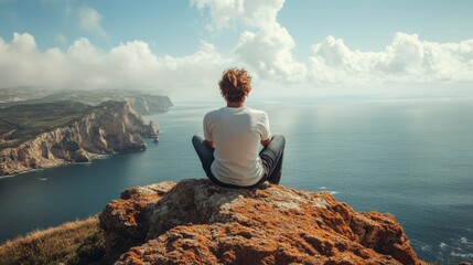 Man Sits Meditating on Cliff Overlooking Sea with Beautiful Coastal Scenery
