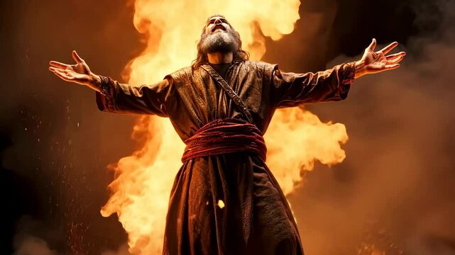 Prophet praying to God with fire and smoke effects 4K