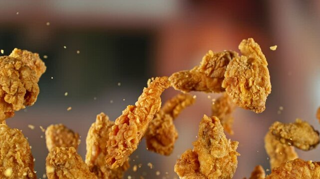 Super Slow Motion of Flying Fried Chicken Wings and Pieces. Abstract Blur Interior on Background. Filmed on High Speed Cinema Camera , 1000fps. Camera in Motion. 