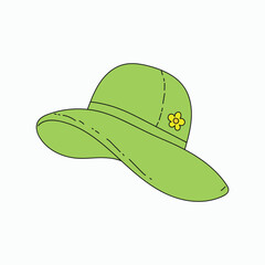 Bright green sun hat with wide brim and a small yellow flower accent on the side.