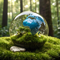 A Transparent Glass Sphere Housing a Miniature White Cottage and Diverse Tiny Trees Situated on Lush Green Moss in a Blurred Forest Backdrop