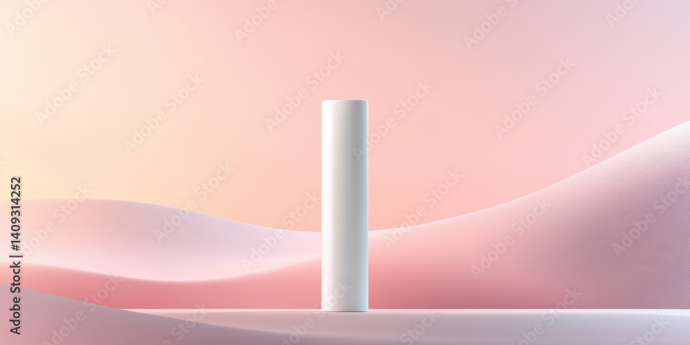 Poster minimalist product podium with soft background: featuring a singular white column, artfully position