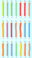 colorful pencils arranged in a grid on light blue background