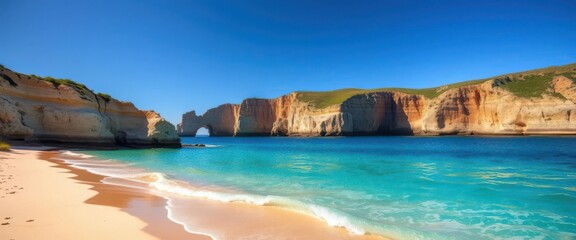 Sun-kissed sand meets turquoise water, dramatic cliffs rise in the background, stunning, serene
