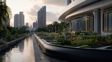 Fototapeta premium Modern building exterior, urban park, canal, lush greenery, city skyline