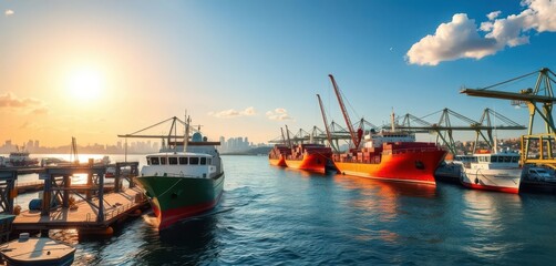 Obraz premium Sunlit harbor, cargo ships at dock, cityscape backdrop, coast, shipping industry