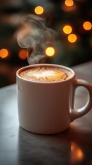 A steaming coffee cup on a marble countertop, evoking warmth and relaxation.