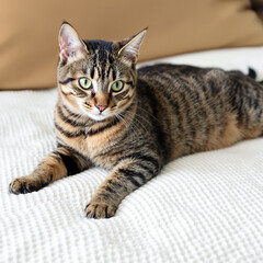 relaxed tabby cat resting on a soft white surface