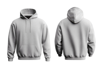 Gray hoodie mockup featuring front and back views on a transparent background