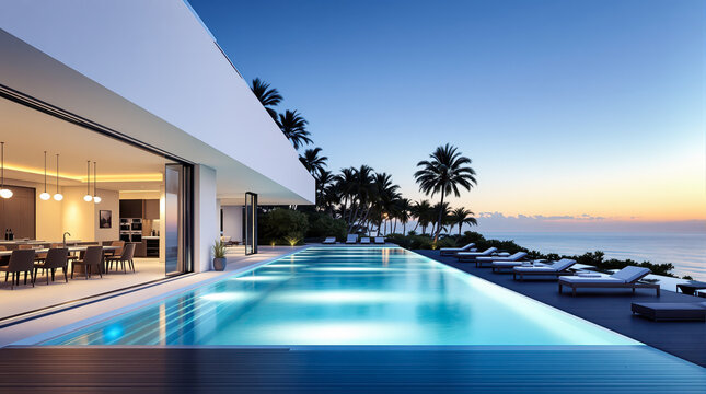 modern house with infinity pool overlooking ocean at sunset